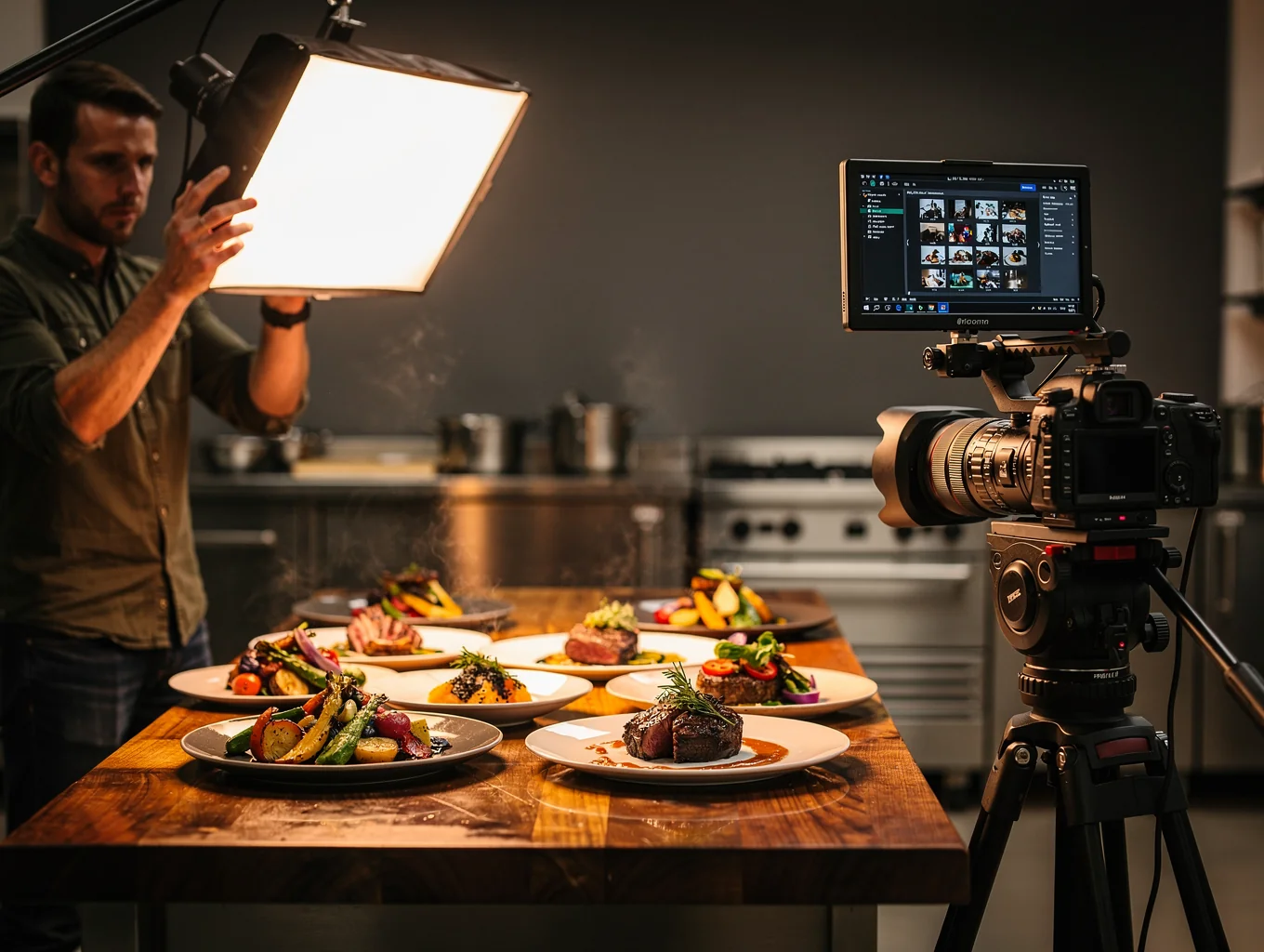 Food photography production shoot in progress with lighting equipment and plated dishes